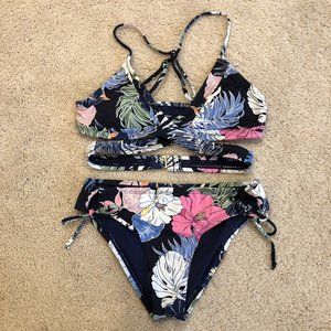 HOBIE NAVY BLUE FLORAL BIKINI SWIMSUIT SIZE XSMALL